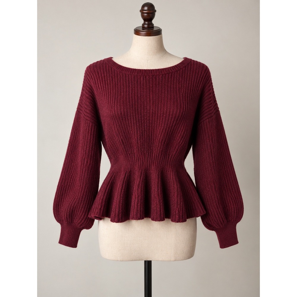 Chic Soul Burgundy Ribbed Peplum Sweater Balloon Sleeve Plus Size 3XL Boho Chic